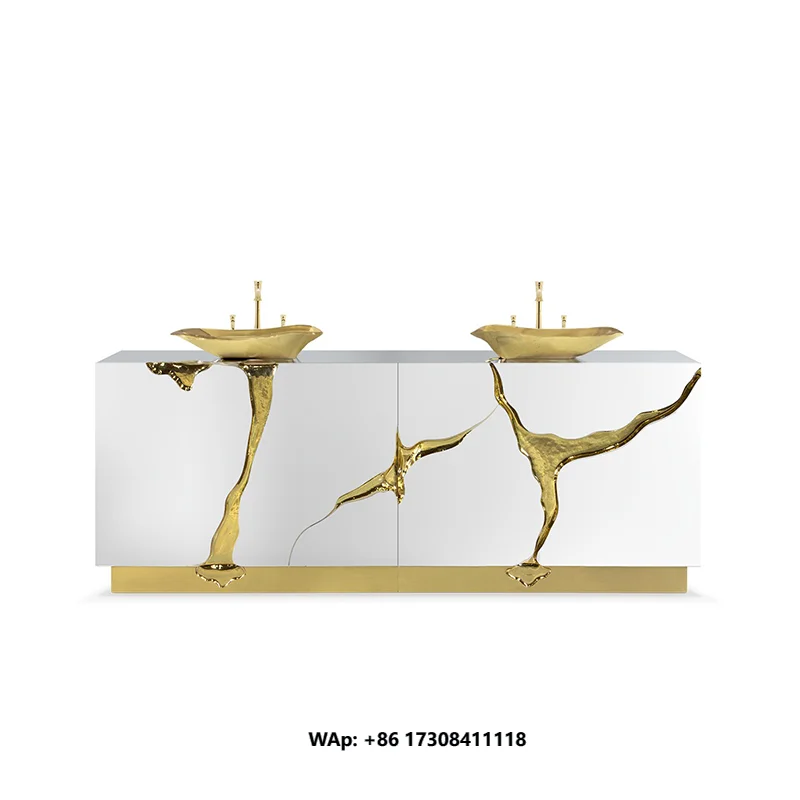 Modern Luxury Bathroom - Silver with Gold Stainless Steel Frame Portugal New Design Double Sinks Bocadolobo Lapiaz Sideboard