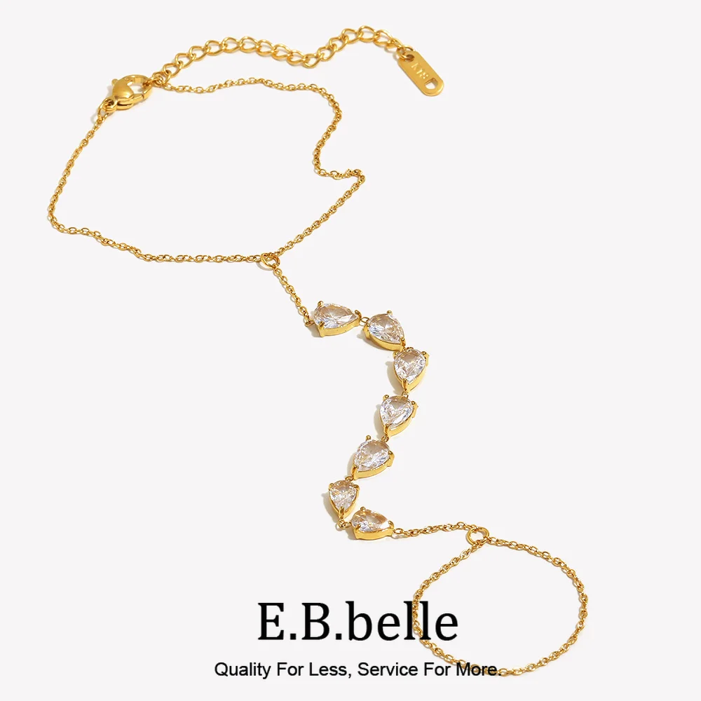 E.B.belle Glänzendes Wassertropfen-Zirkon-Hand-O-Ketten-Fingerarmband aus 316L-Edelstahl, 18 Karat vergoldet, trendiger Schmuck