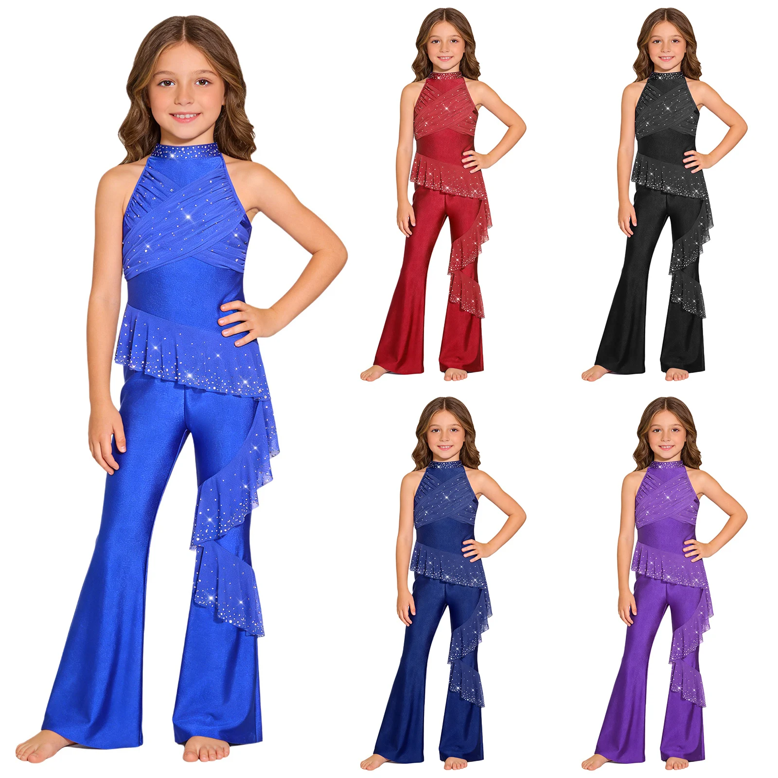 

Детский гимнастический костюм для девочек: гимнастика, фигурное катание, акробатика, балет, танцевальное выступление. Блестящие стразы, рюши, сетка, расклешенный комбинезон.