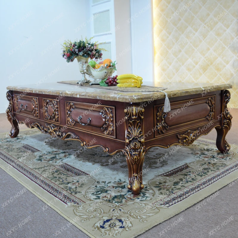 

Oumingxi Furniture European-Style Marble Long End Table Rectangular Tea Table with Drawer 1.8 M Large Tea Table Villa Luxury