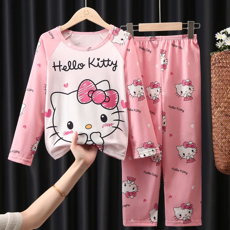 Hello Kitty Children Pajama Sets Long Sleeved Casual Boys Girls Home Clothing Set Comfortable Soft Warm Sleepwear Autumn Winter