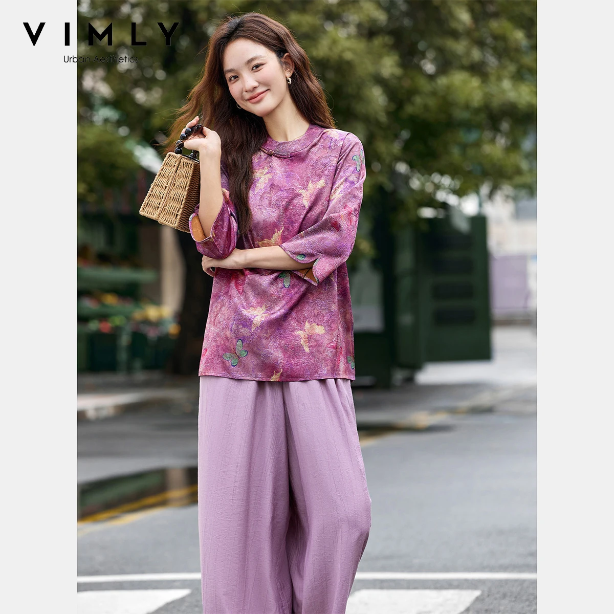 

VIMLY Women's Summer Trouser Suit 2025 Chinese Style Purple Stand Collar Chiffion Tops Wide Legs Pants Loose Ladies Sets A2888