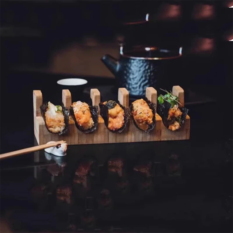 1Pc 1/2/3/5 Grid Wooden Japanese Sushi Rack U-shape Taco Snack Food Holder Plate Cuisine Stand Sashimi Sushi Boat