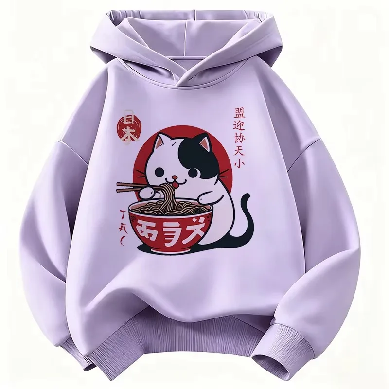 Japanese Style Cat Eat Ramen Hoodie Manga Kids Cat Children's Sweatshirt Cute Hoody for Boys Girls Casual Hoodies Spring