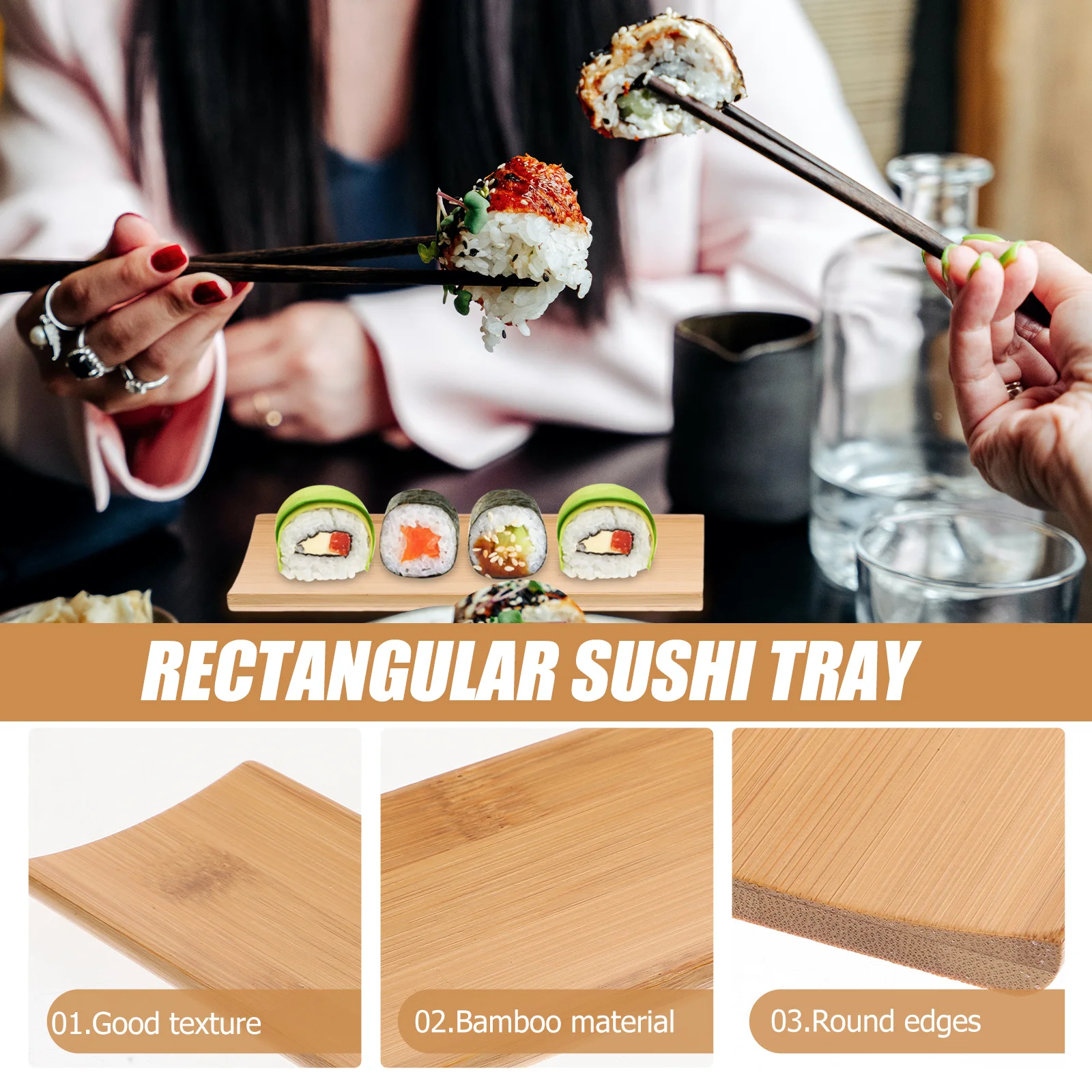 

2pcs Japanese Sushi Serving Plate Bamboo Sashimi Dish Rectangular Shape Reusable Sushi Tray Salmon Plate Multi-Function