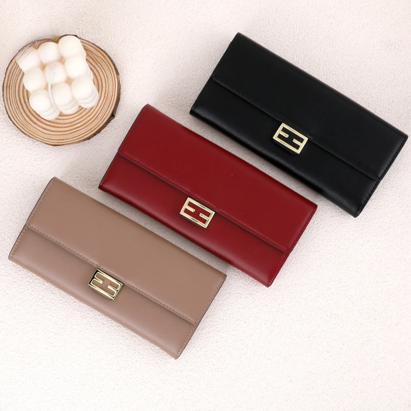 محفظة كلاسيكية أحادية اللون للنساء ، طويلة وفتحات بطاقات متعددة ، محافظ