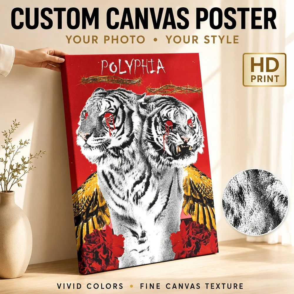 Polyphia Two-Headed Tiger Canvas Print Customized Photo Illustrated Wall Art For Home Recording Studio, Record Collector Gift