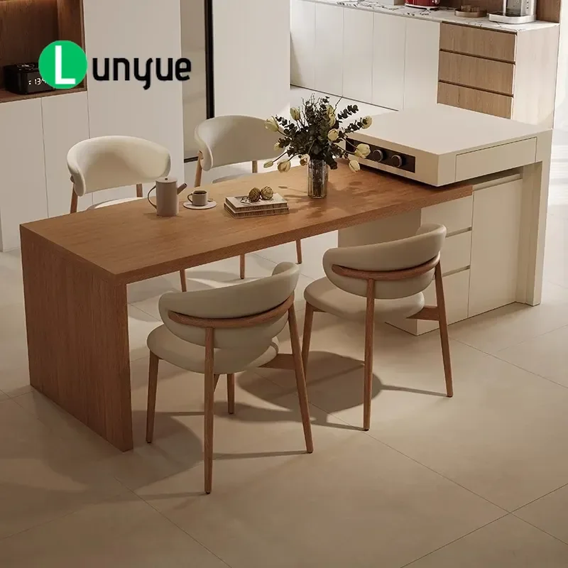 French Cream Style Retractable Island Table with Rock Slab Top Integrated Kitchen Dining Furniture Advanced Guide Table for