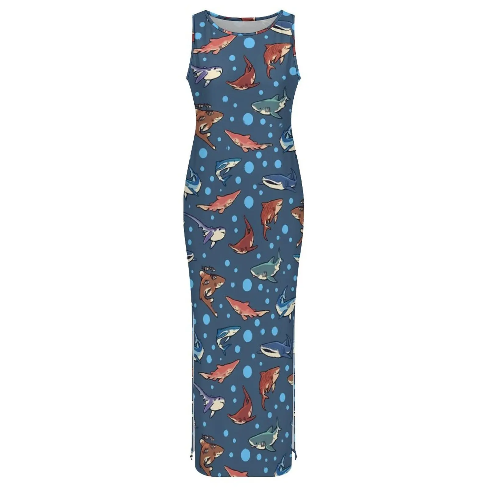 Sukienka maxi bez rękawów z nadrukiem kropki, elegancka sukienka maxi w stylu kreskówkowym z rekinem, sukienka bodycon w stylu Y2K na wakacje, duży rozmiar 3XL 4XL