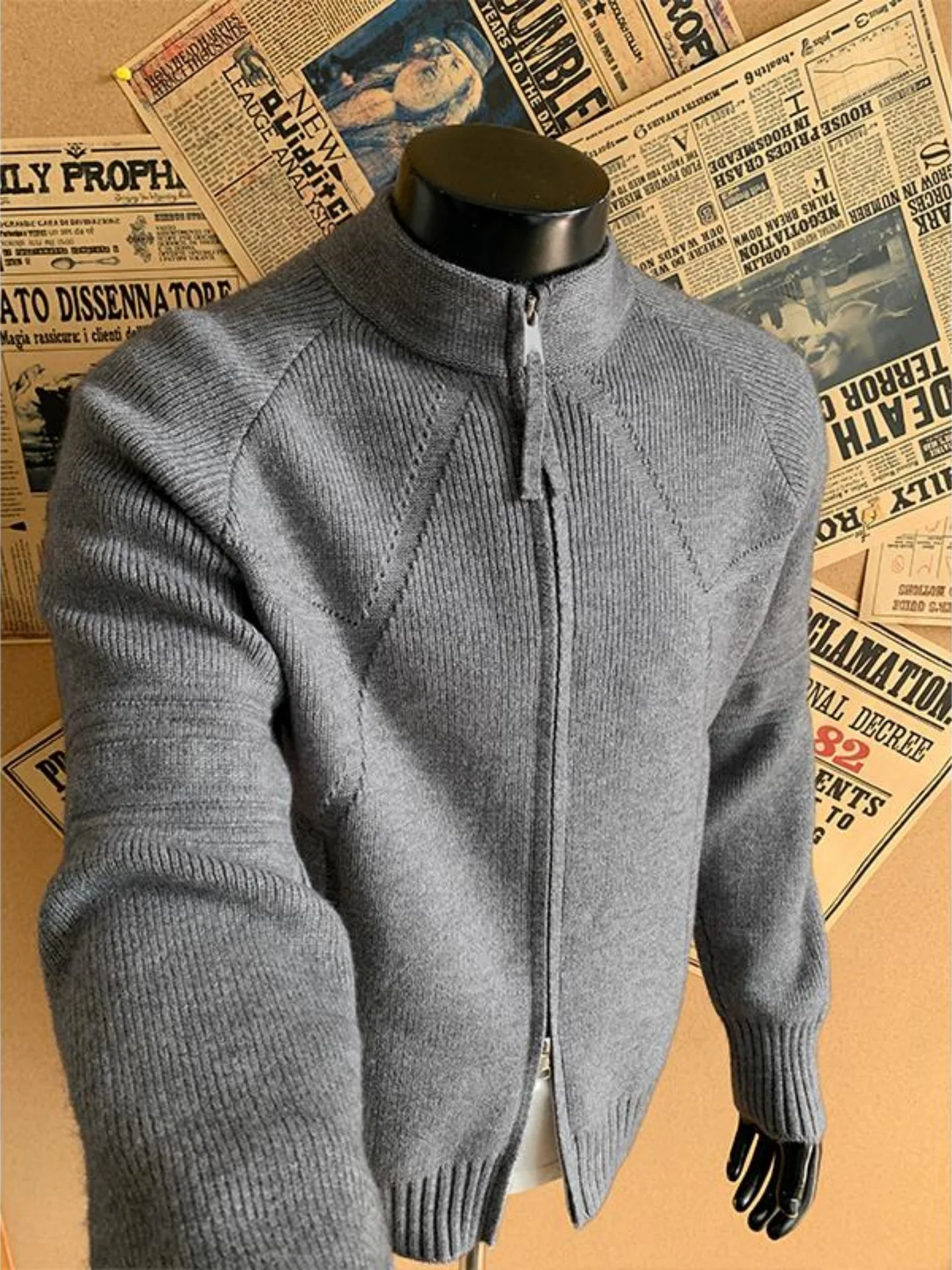 

Мужской вязаный кардиган на молнии свободного кроя в американском стиле, осенне-зимняя повседневная одежда, свитер с воротником-стойкой и двойной молнией