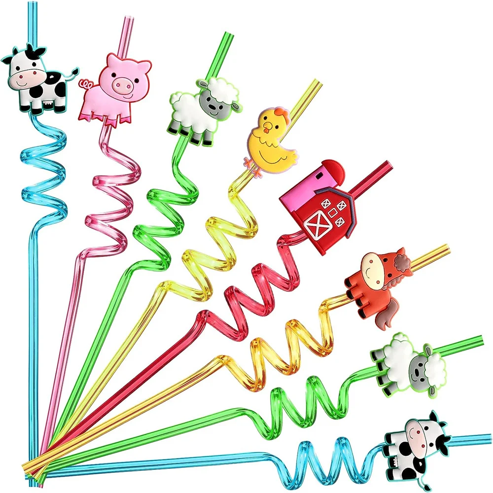 8Pcs Farm Animals Party Favor Cow Sheep Pig Horse Chick Barnyard Themed Straws for Baby Shower Kids Boys Birthday Party Supplies