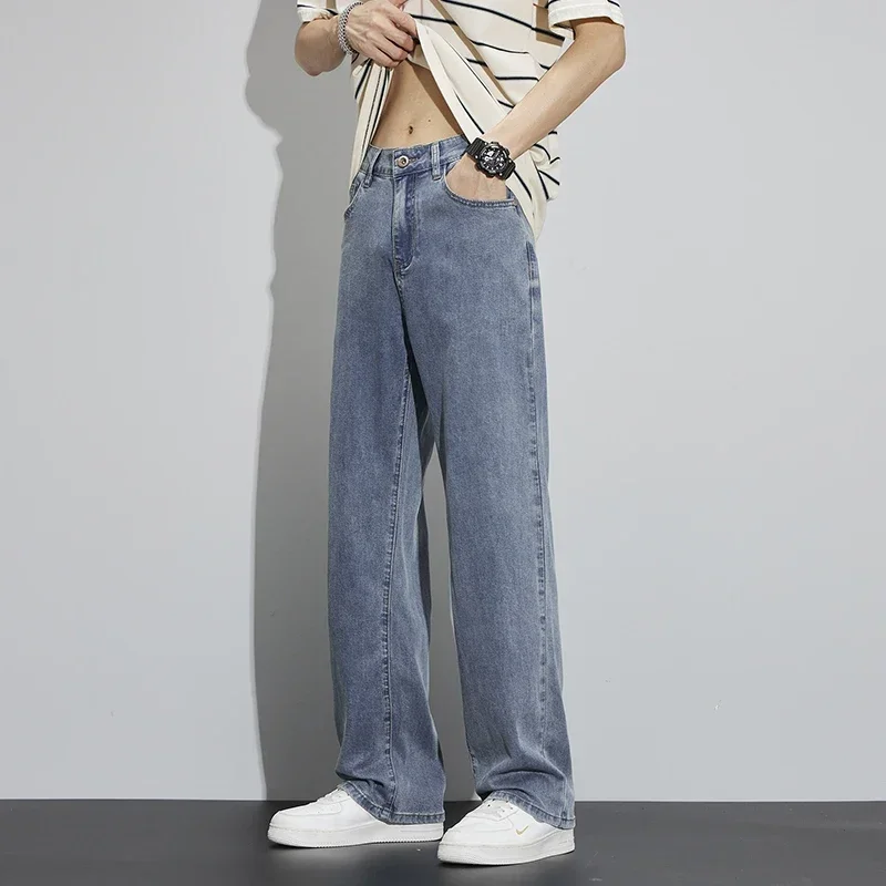 ฤดูร้อน Ultra-thin Baggy กางเกงยีนส์ผู้ชายคลาสสิก Vintage กางเกง Lyocell นุ่มแฟชั่นตรงกางเกงยีนส์กว้างกางเกงชาย streetwear