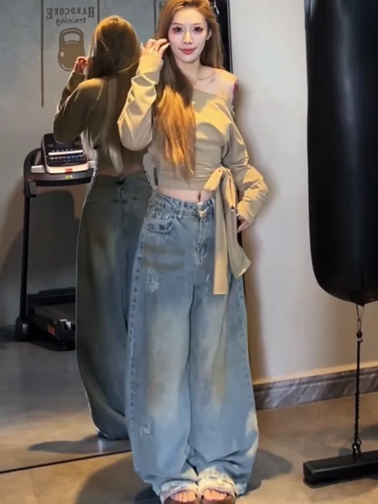 

American Sle Vintage Faded High Waist Straight Leg Jeans Women's Loose Floor-Length Dir Wide Leg Pants Design Sensation