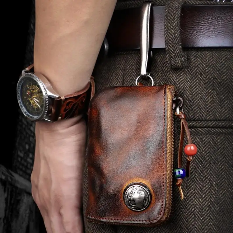 

1pc Viking Sporran Portable Bourbon Brown Handcrafted Thick Leather Waist Bag Change Holder Keychain Coin Purse Wallet for Men
