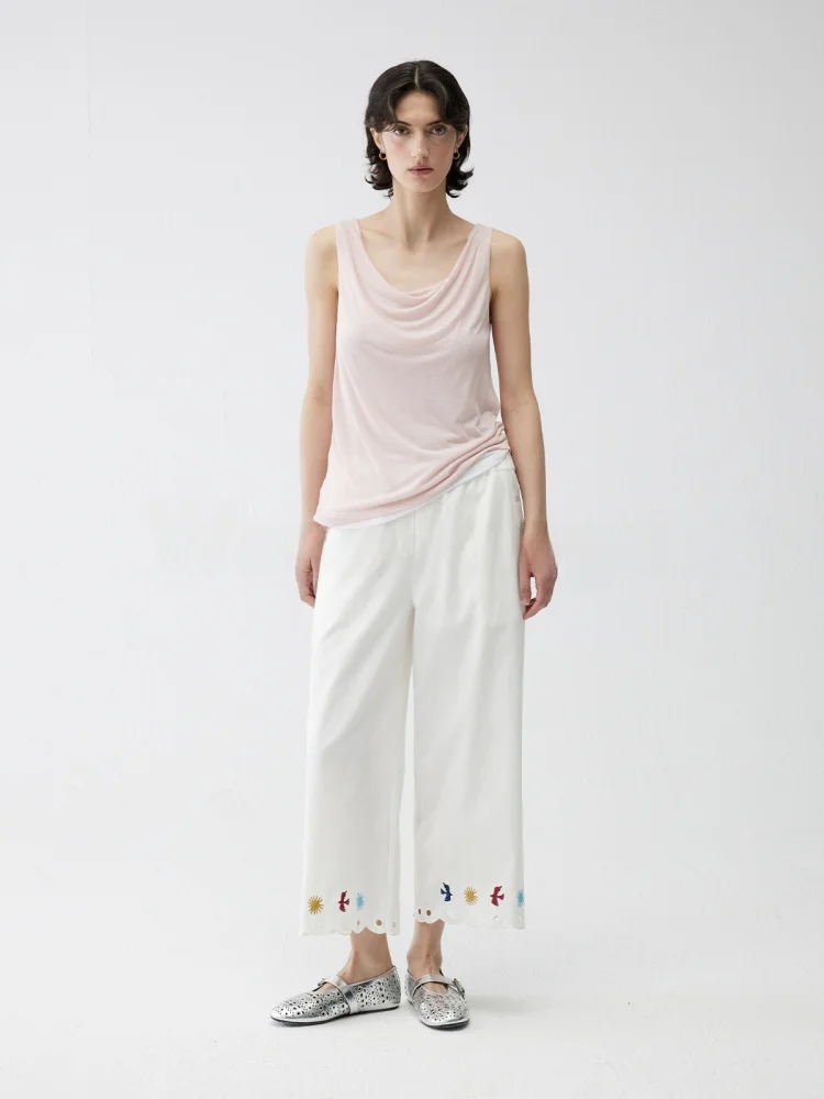 

Fun Embroidered Elastic Waist Nine-Piece Pants Women's Casual Pants Summer Lightweight Straight Leg High Waist Polyester Cott...