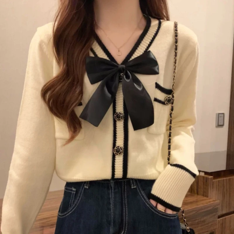 Deeptown Coquette Bow Cardigan Sweater Woman Elegant Knitted Tops Korean Fashion Sweet Cute Autumn Winter Long Sleeve Sweaters