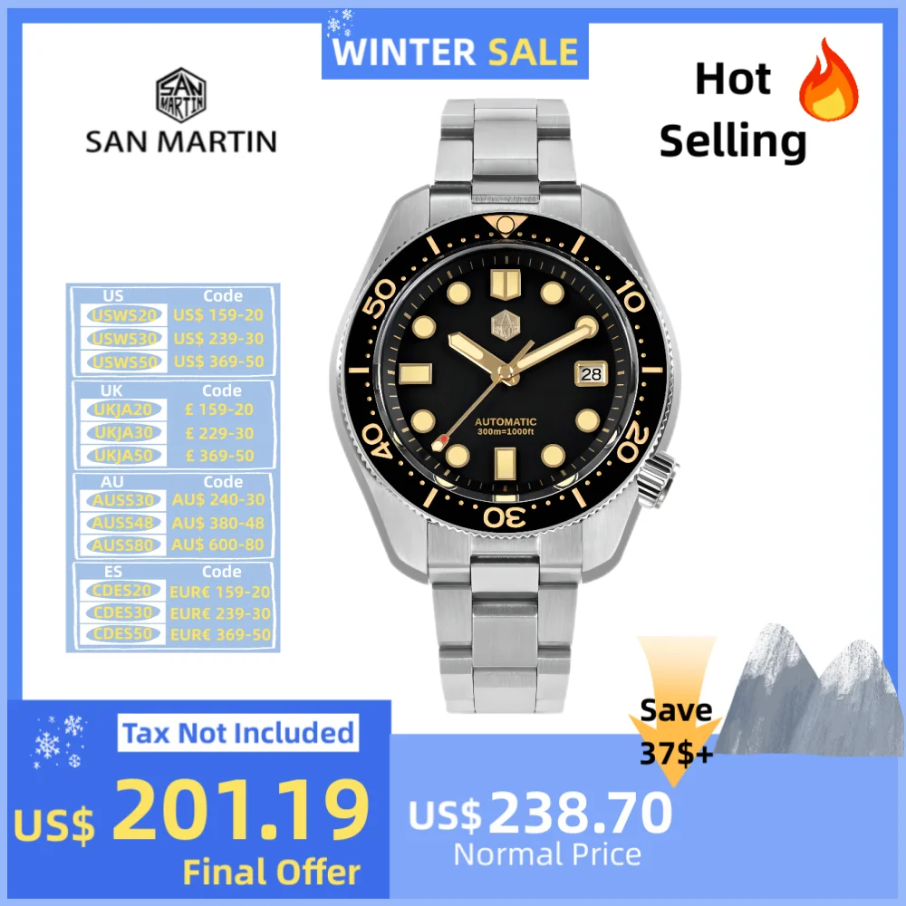 San Martin 44mm MM300 Black Turtle NH35 Men's Watch Mechanical Vintage Sapphire Date Window Gilt Dial 30Bar Reloj Hombre SN0087