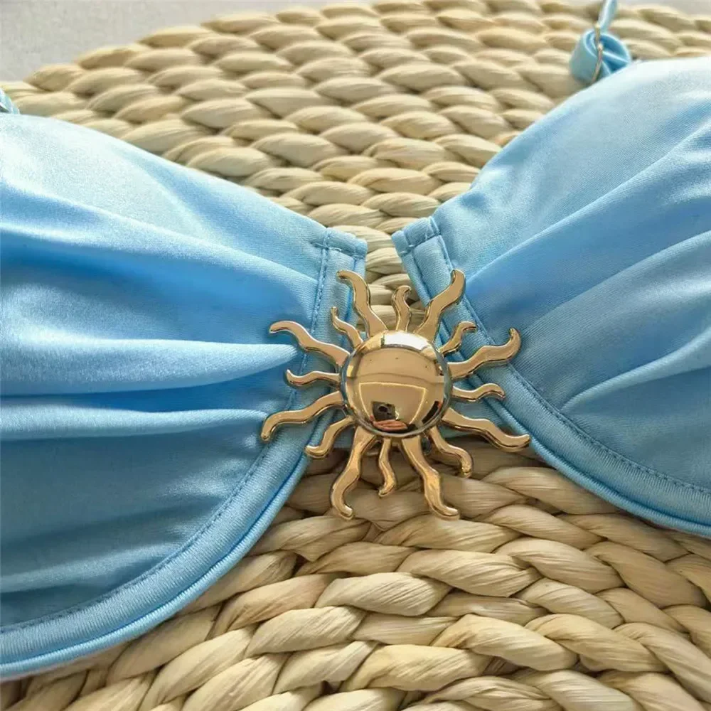 Light Blue Micro Bikini Thong Pushup Sexy Swimsuit Cover Ups Women Sun Metal Buckle Swimwear Bathing Suit Bikinis Sets 2025 New