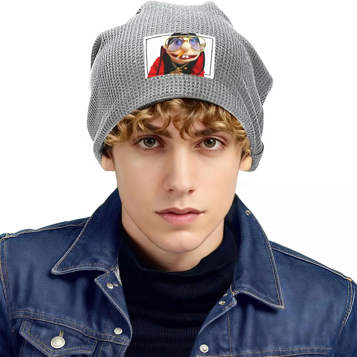 SML Rapper Jeffy Waffle Knit Fleece Lined Beanie with PU Leather Patch Unisex Warm Winter Soft Cap