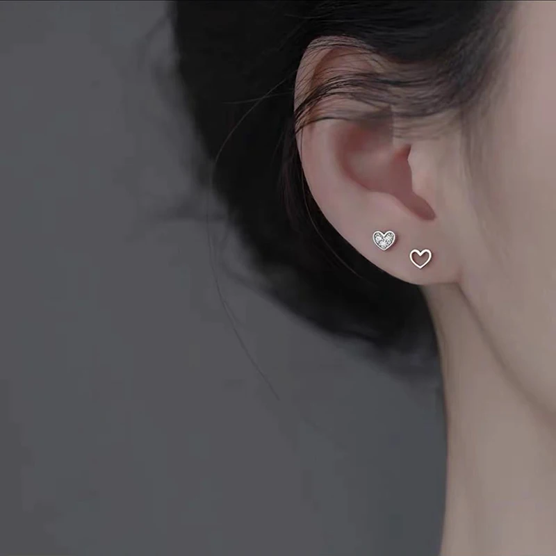 Silver Color Zircon Hollow Heart Mini Stud Earrings For Women Trendy Fine Jewelry Small Niche Luxury Accessories view 5