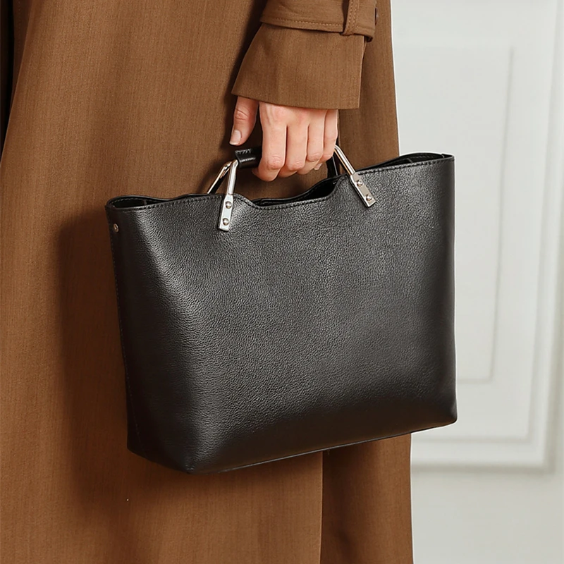 

Burminsa Cowhide Genuine Leather Tote Handbags For Women 2025 Luxury Designer Metal Top Handle Ladies Shoulder Crossbody Bags