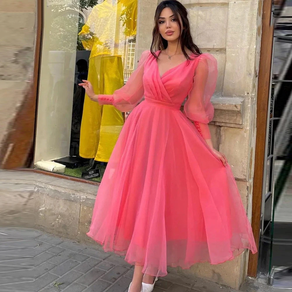 

BridalAffair Simple Coral A Line Organza Party Dresses Puff Long Sleeves V Neck Tea Length Prom Evening Dresses robe de soirée