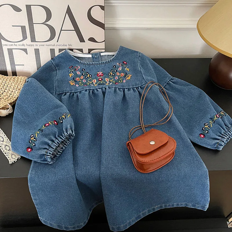 Floral Girls' Lantern Long Sleeve Fashion Jean Dress Big Girl Denim Dresses Fall New 2024 Clothes Kids 2 3 4 5 6 7 8 9 10 Year