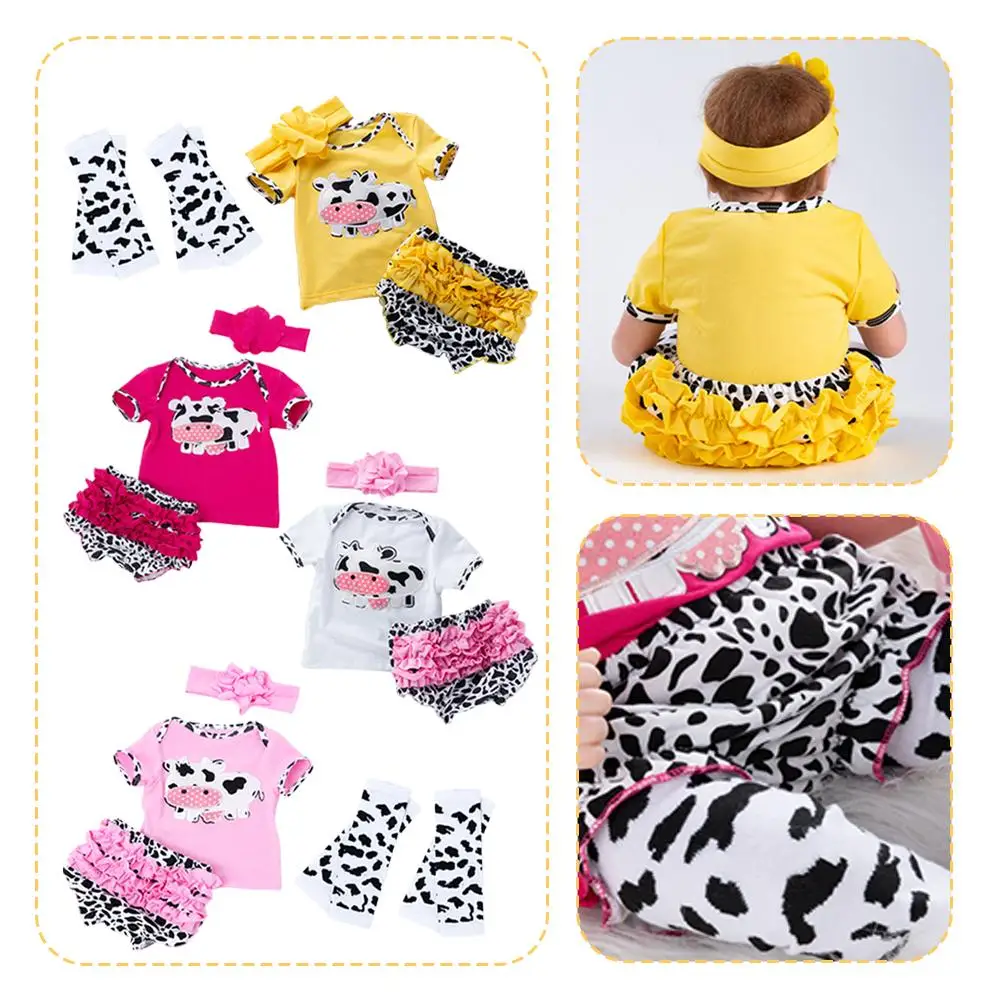 Ropa de muñeca bebé de simulación, camiseta de manga corta de vaca de dibujos animados, conjunto de pantalones PP para ropa de muñeca Reborn de 55cm