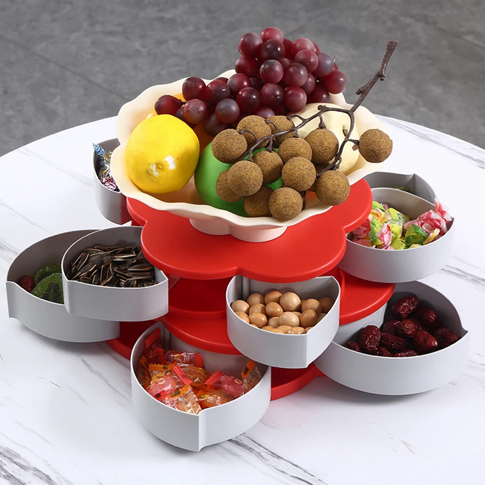 Multi-Purpose Double Layer Thickened Petal Rotating Fruit Plate, Durable Nuts Storage Box, Family Gatherings