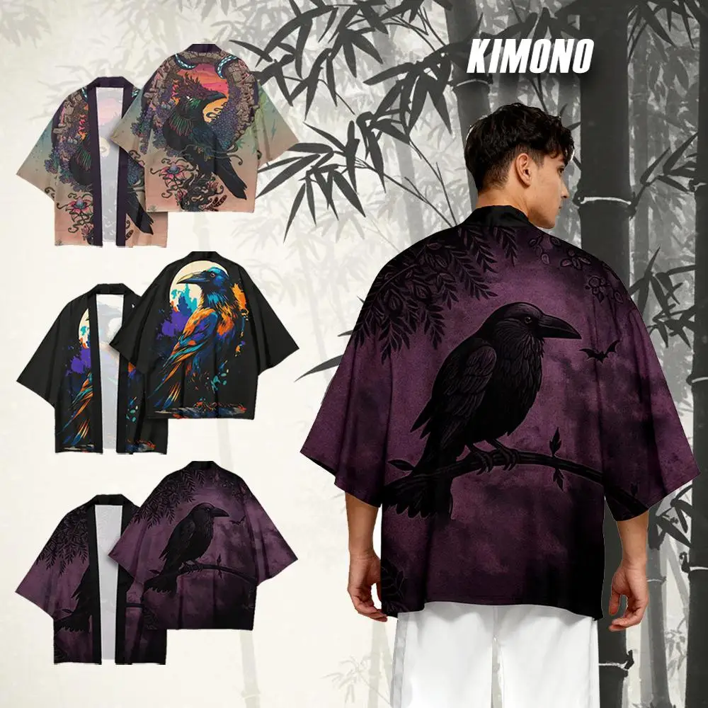 Dark Raven Pattern Kimono Japanese Style Fashion Casual Classic Traditional Clothes Unisex Loose Comfortable Breathable Cardigan