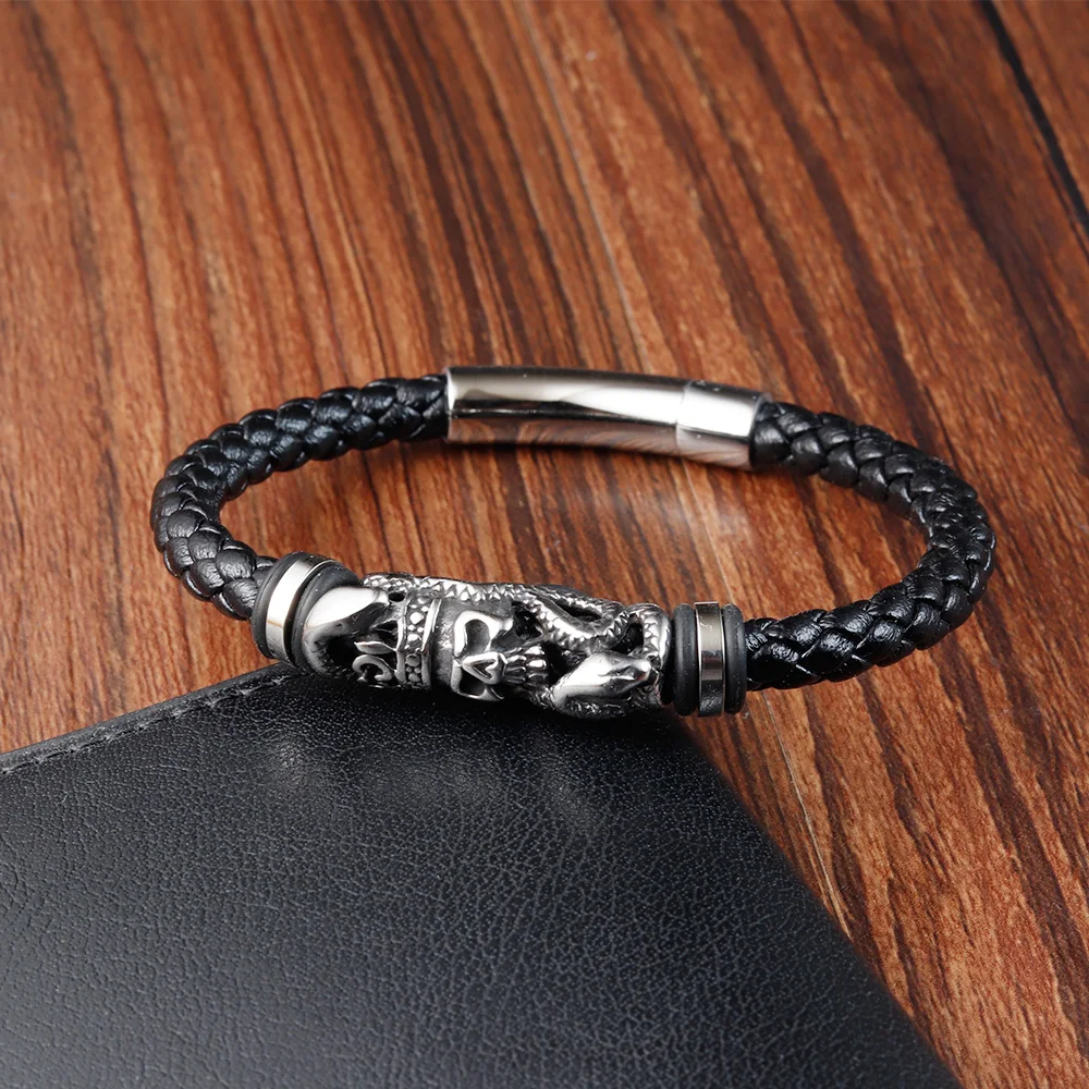 Pulsera de cuero trenzada de acero inoxidable para hombre, brazalete de Calavera, regalo de joyería Simple