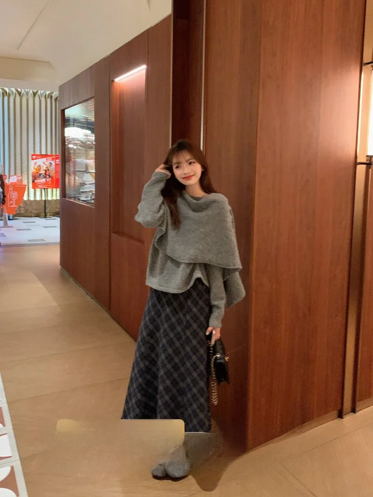 

Новая женская зимняя юбка-русалка с высокой талией, длинная, в клетку, синяя, в корейском стиле, А-силуэт, приталенная