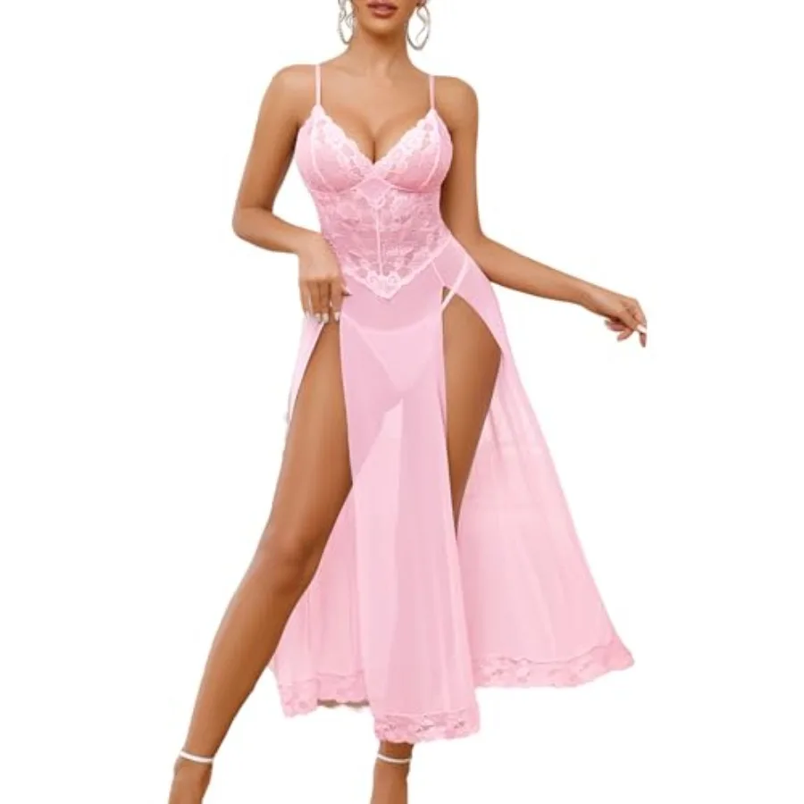 

Avidlove Women Lingerie Dress Long Lace Babydoll Chemise Side Split Night Gowns V Neck Mesh Nightdress