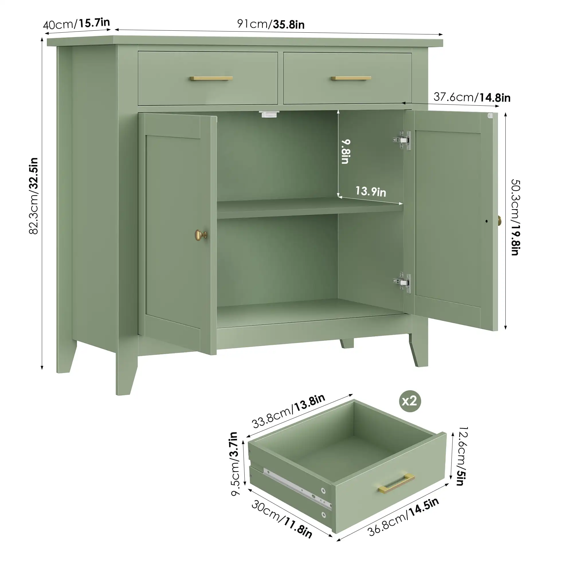 Kitchen Storage Cabinet, Farmhouse Buffet Sideboard with 2 Drawers and 2 Doors, Entryway Cabinet Coffee Bar for Dining Room Living Room, Green