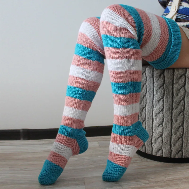 Wool Socks Fashion Y2K Striped Long Tube Over Knee Knitted Stacking Socks Women