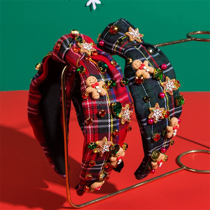 Europe and America Christmas Red and Green Lattice Snowflake Gingerbread Man Santa Claus Headband Women Holiday Hair Accessories