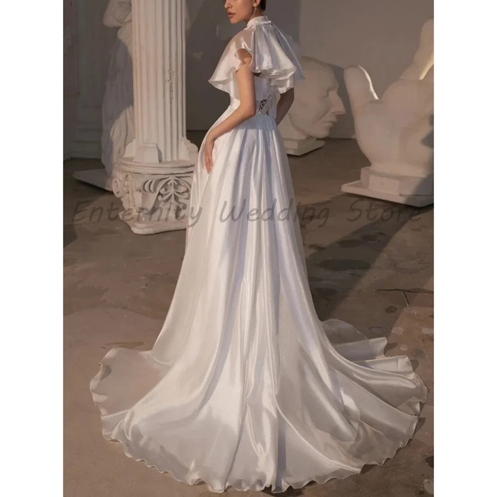White Satin Wedding Dress High Neck Ruffle Cape Sleeve Lace Up Back High Slit Flowy Train Civil Bridal Gown