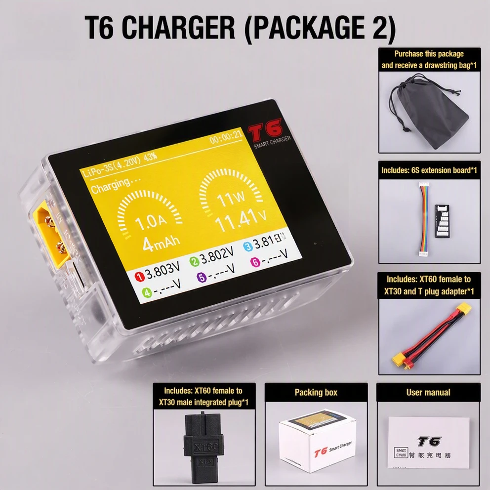 T6 300W 15A DC/PD Smart Balance Charger 1-6S LiPo LiHV for FPV Drone RC Car Battery