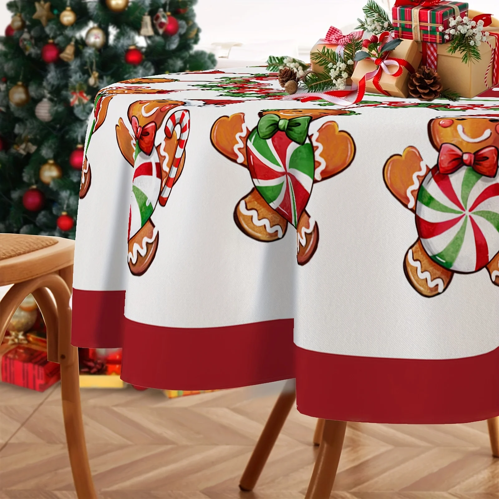 1 Merry Christmas Gingerbread Round Table Cloth - Holiday Mint, Holly and Cranberry Designs for Holiday Party Table Covers