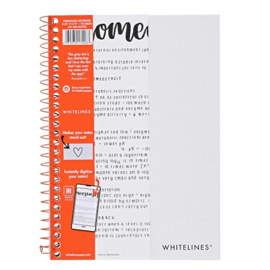 

Whitelines Spiral Bound Journal,,70 Sheets, 8.25" x 5.75", FREE App to Digitally Download Your Notes