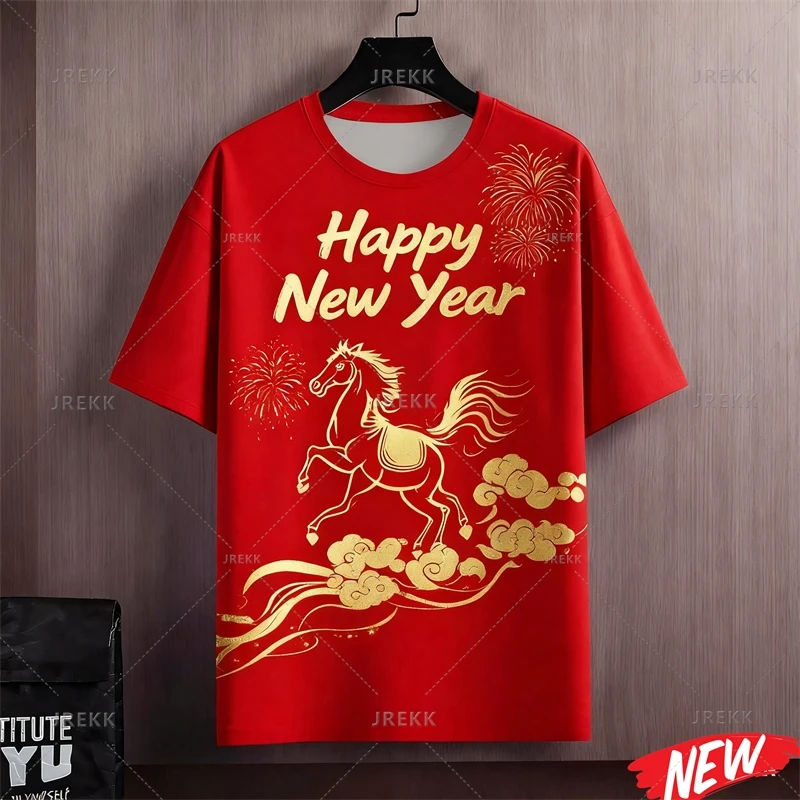 

New Year Of Horse Pattern T-shirt Men Red Horse Year T Shirt Tops Women 3d Printing Round Neck Short Sleeve Oversized Tee Shirts