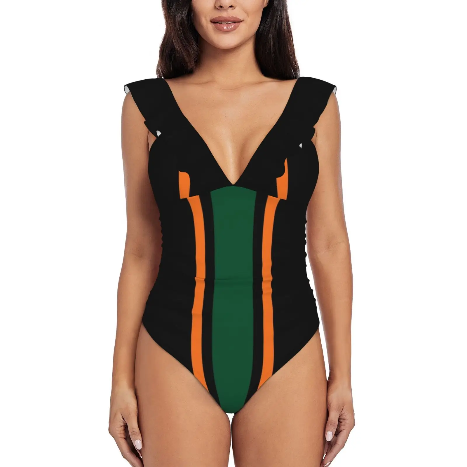 

Black , Orange , & Green Vertical Power Stripe Ruffle Swimwear Women One Piece Swimsuit Monokini Push Up Bathing Suit Beachwear