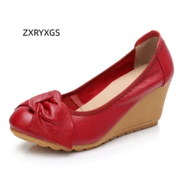 ZXRYXGS 2025 Spring Autumn New Fashion Round Toe Bow Women Genuine Leather Shoes Wedges Non-slip Comfortable Elegant High Heels