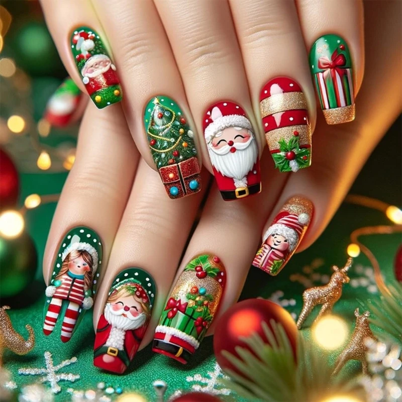 Stylish Santa and Gift Box Press On Nails Christmas On Nails Winter Art Supplies for Women and Girls 24Pcs