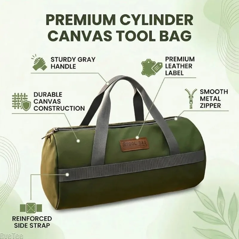 

Green Cylinder Canvas Tool Bag with Full Enveloping Handle, Electrician Outdoor Camping Hardware Organizer Storage Tool Pouch