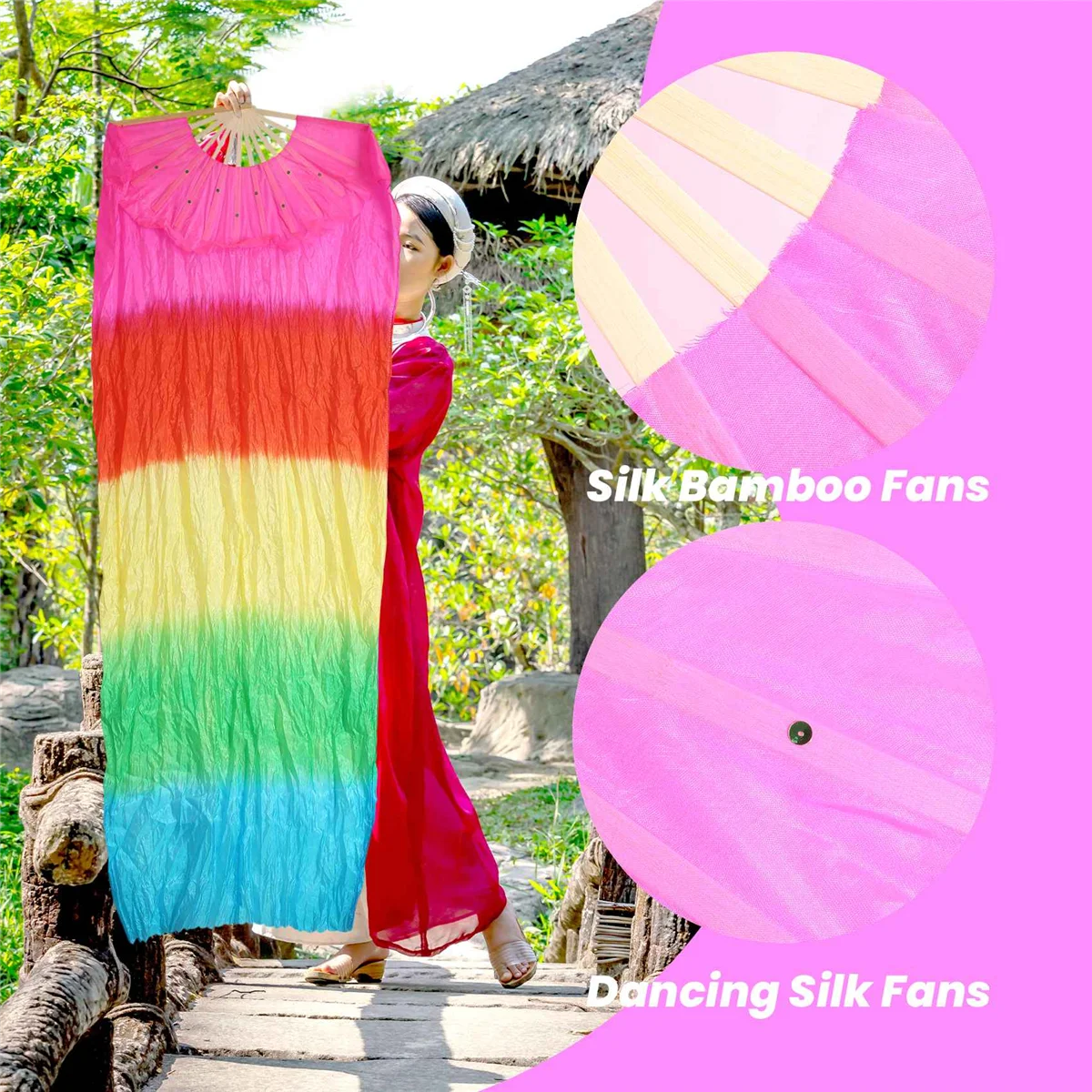 A40T 手作りカラフルなベリーダンスダンスシルク竹ロングファンベールフォークダンス 1.8 メートル