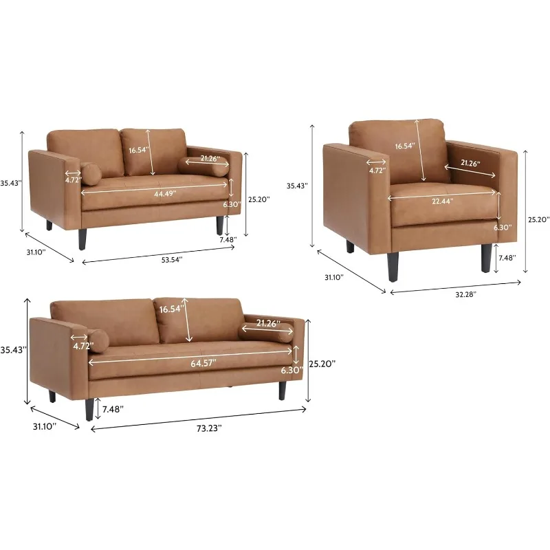 Oversized Genuine Leather Sofa Tan (3 Piece Set, Modern)  Living Room Furniture