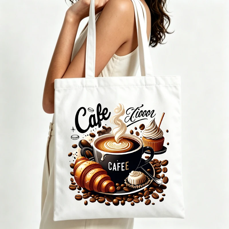 Women's coffee and pastry graphic canvas tote bag, casual style for daily shopping and café outings