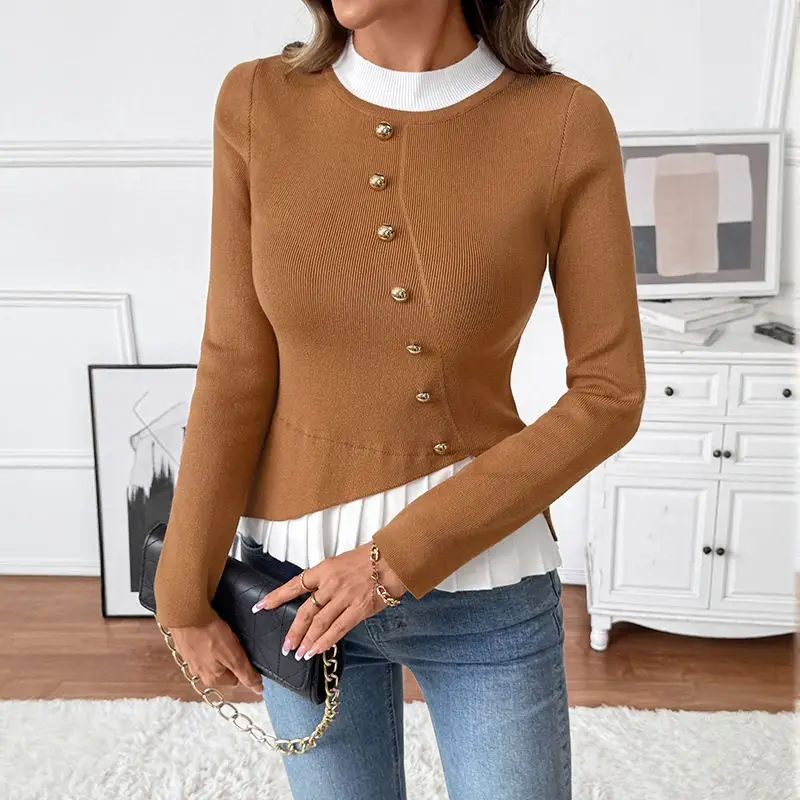 

Elegant Buttons Ruffled Long Sleeve T-shirt 2026 Women Spring Autumn Casual Blouse Tops Korean Sweet T-shirt Winter Base Shirt