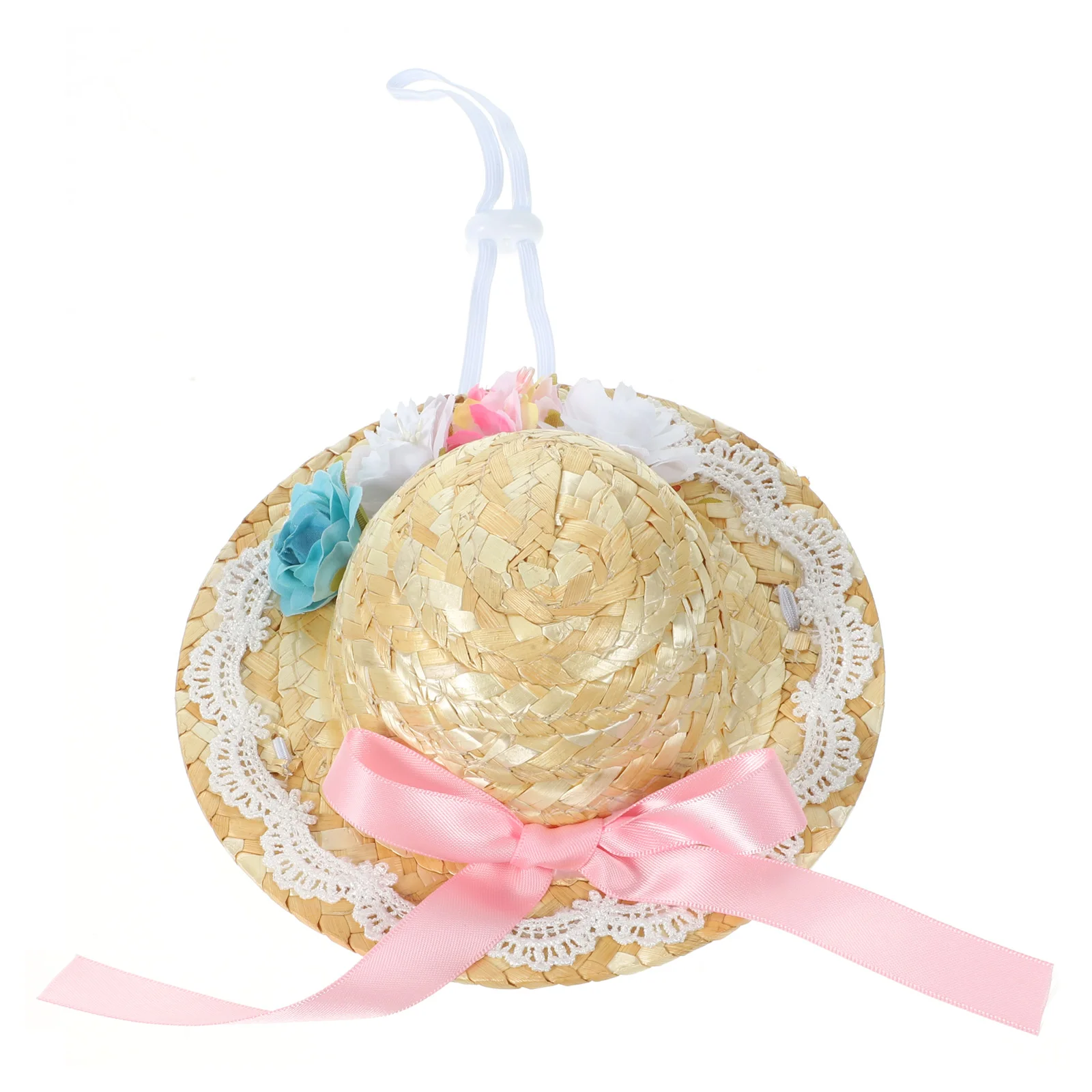 

Summer Pet Hat Dog Straw Hat Small Dogs Pink Bowknot Flower Decoration Puppy Costume Accessory Woven Headdress Cosplay Photo